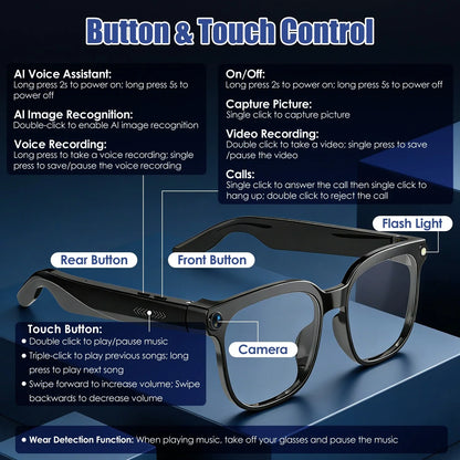 Smart glasses with camera, touch controls, flash light, and labeled buttons for multifunction use