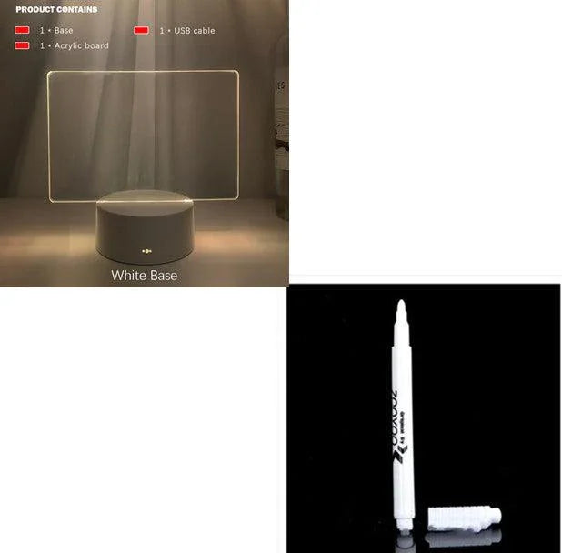 LED acrylic board with white base and USB cable, plus white marker pen on black background