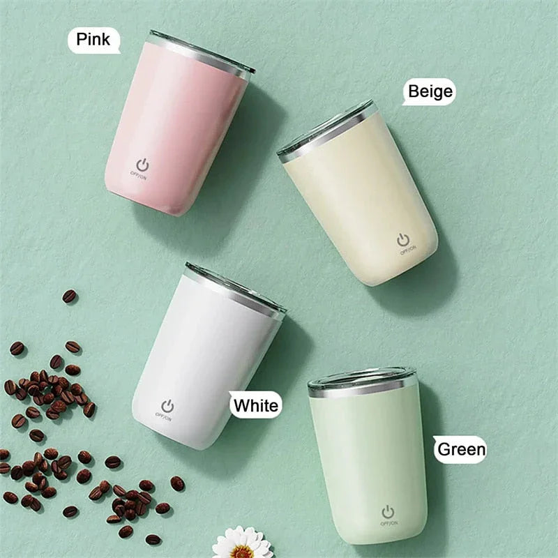 Four smart insulated cups in pink, beige, white, and green on a mint background with coffee beans.