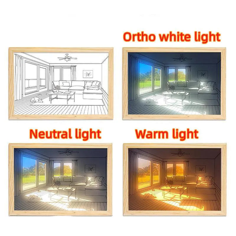 Four framed living room sketches showing effects of ortho white, neutral, and warm light on the space