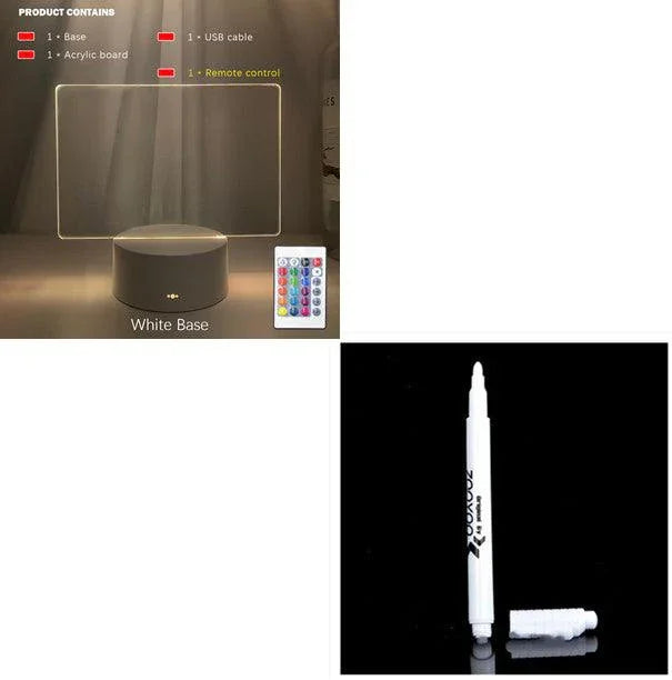 LED acrylic board with white base and remote control, plus a white marker pen with cap