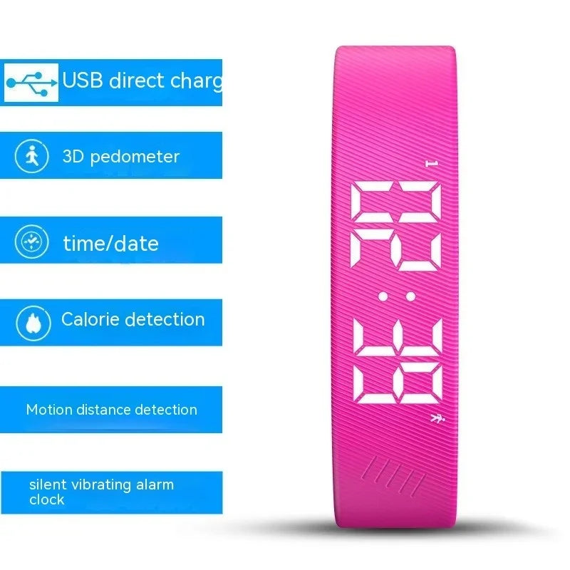 Pink digital fitness tracker with features like 3D pedometer and calorie detection.