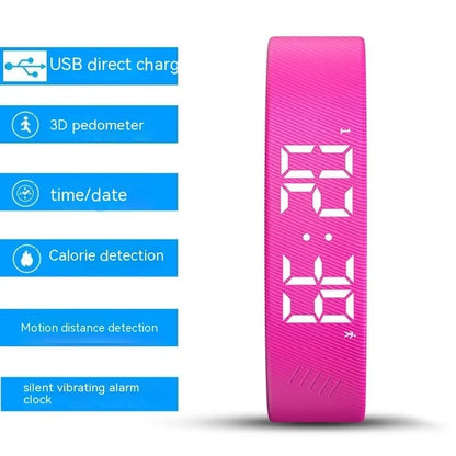 Pink digital fitness tracker with features like 3D pedometer and calorie detection.