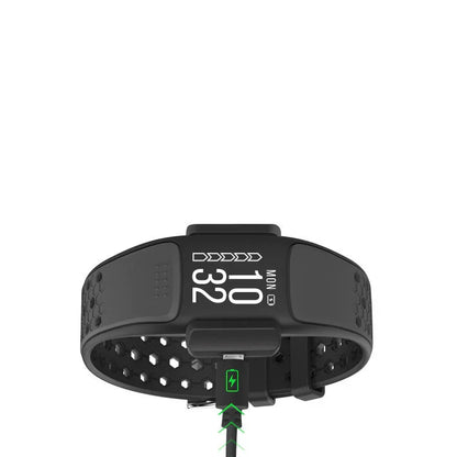 Black smart fitness tracker wristband with digital display and charging cable