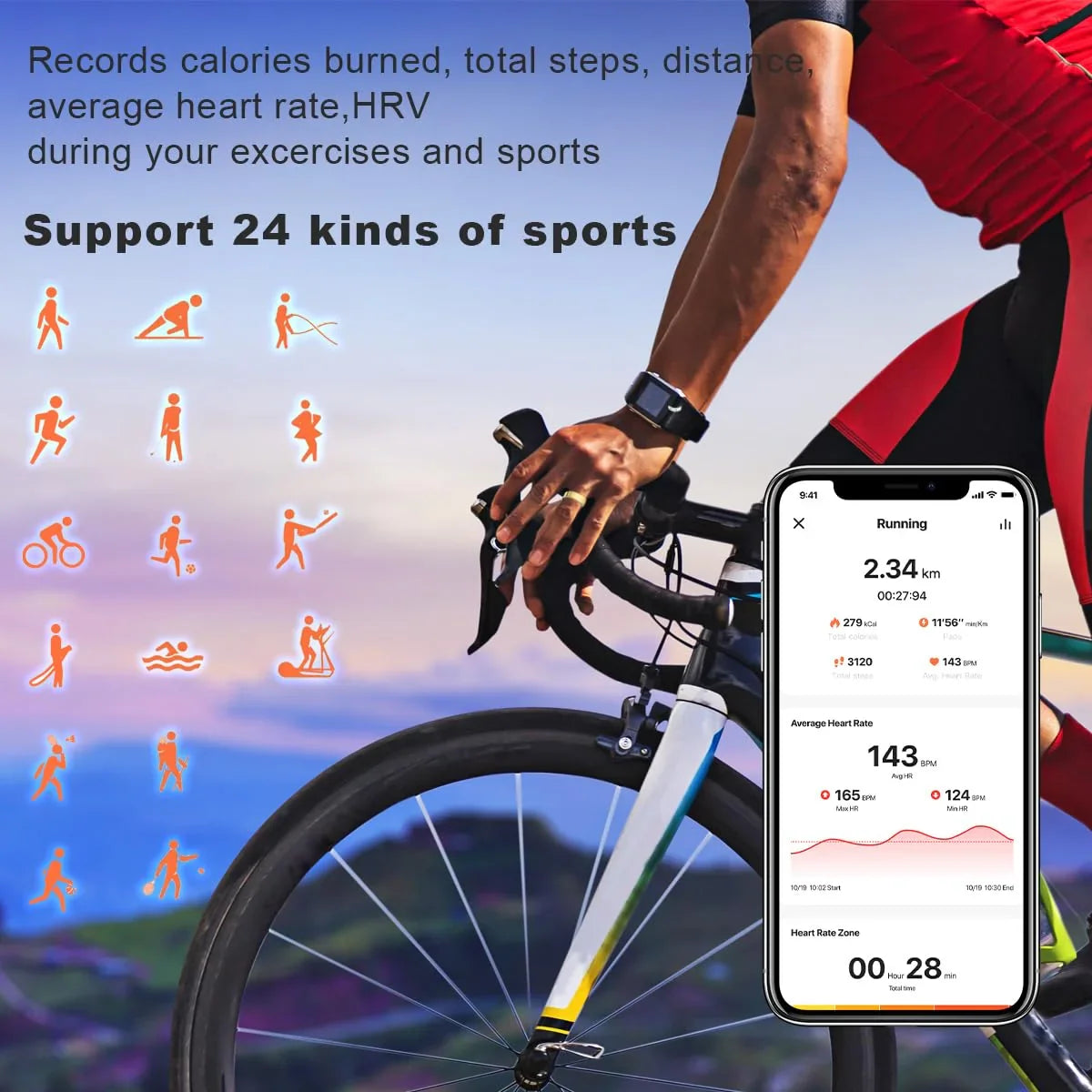 Cyclist wearing smart fitness tracker with mobile app displaying workout stats, sports icons background