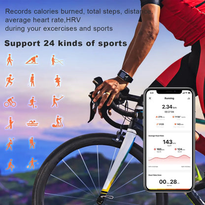 Cyclist wearing smart fitness tracker with mobile app displaying workout stats, sports icons background