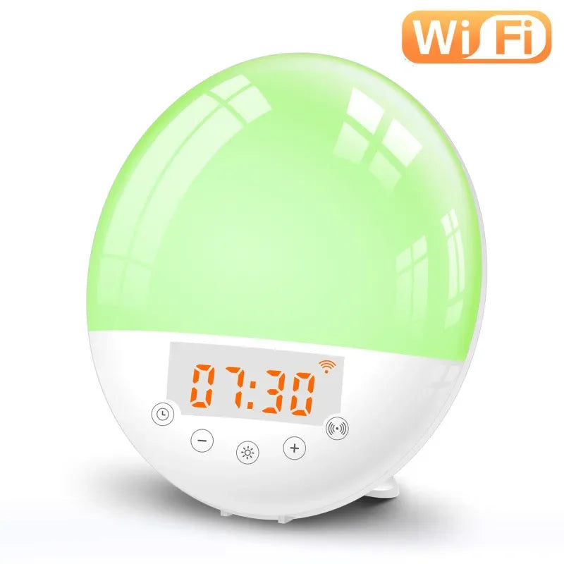Modern round digital alarm clock with green light, WiFi symbol, and orange LED display showing 07:30