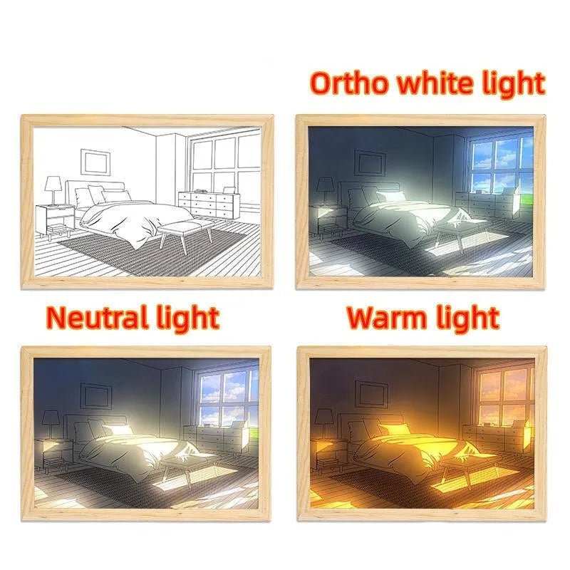 Four framed bedroom sketches showing effects of Ortho white light, neutral light, and warm light on room ambiance