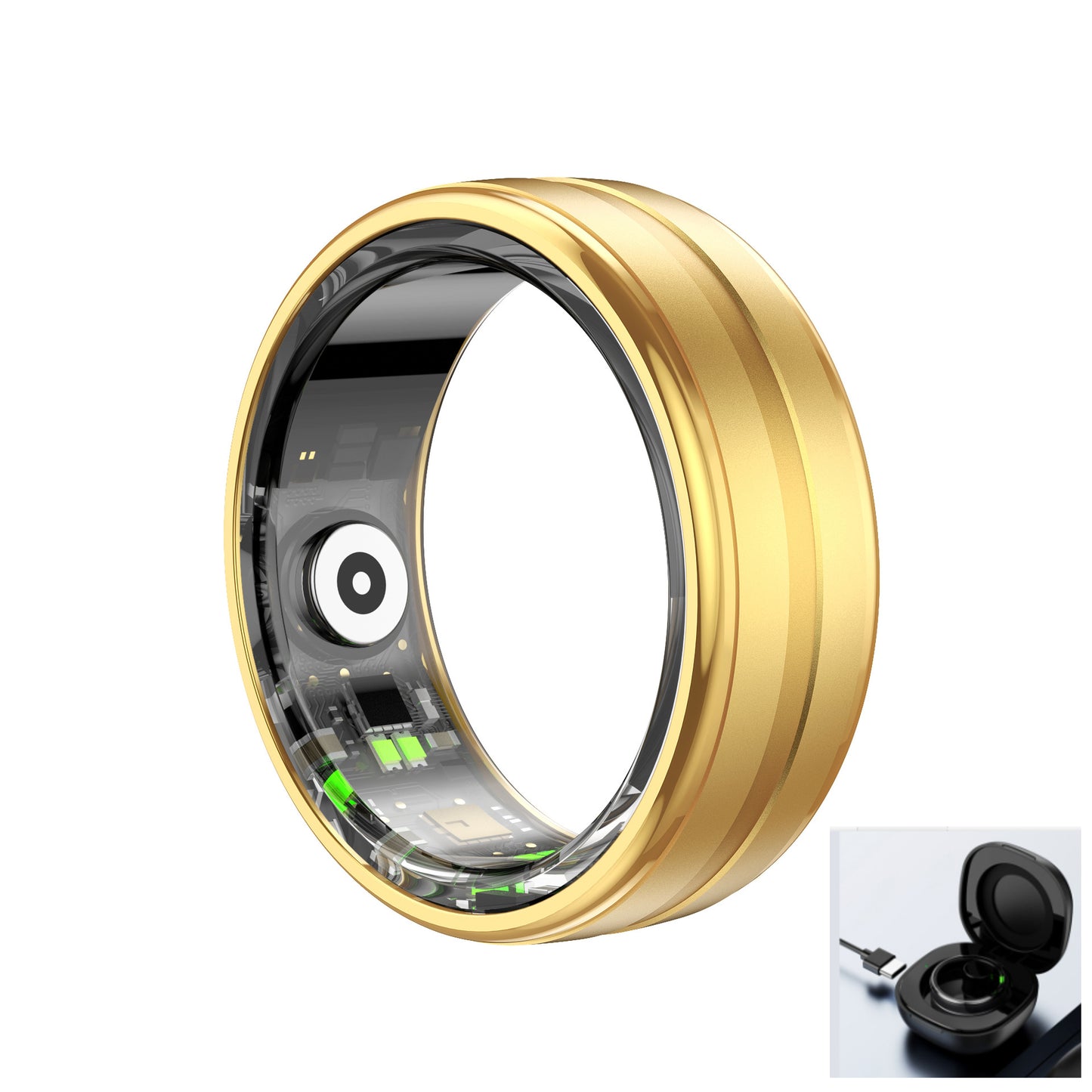 Gold smart ring with visible circuitry and charging case, sleek wearable tech for health tracking