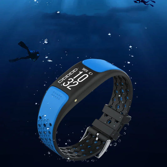 Waterproof smart fitness tracker with blue and black band submerged underwater with divers