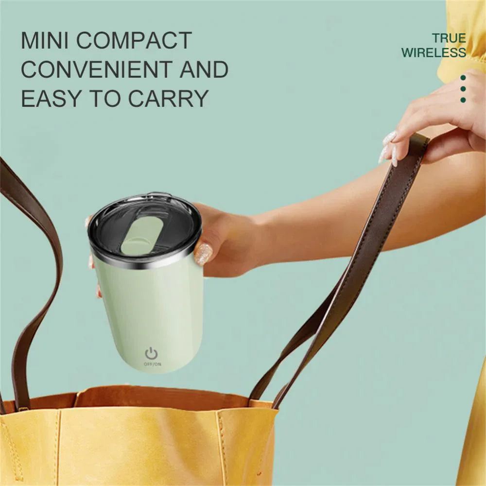 Mini portable wireless gadget with lid being placed in a handbag, compact and easy to carry.
