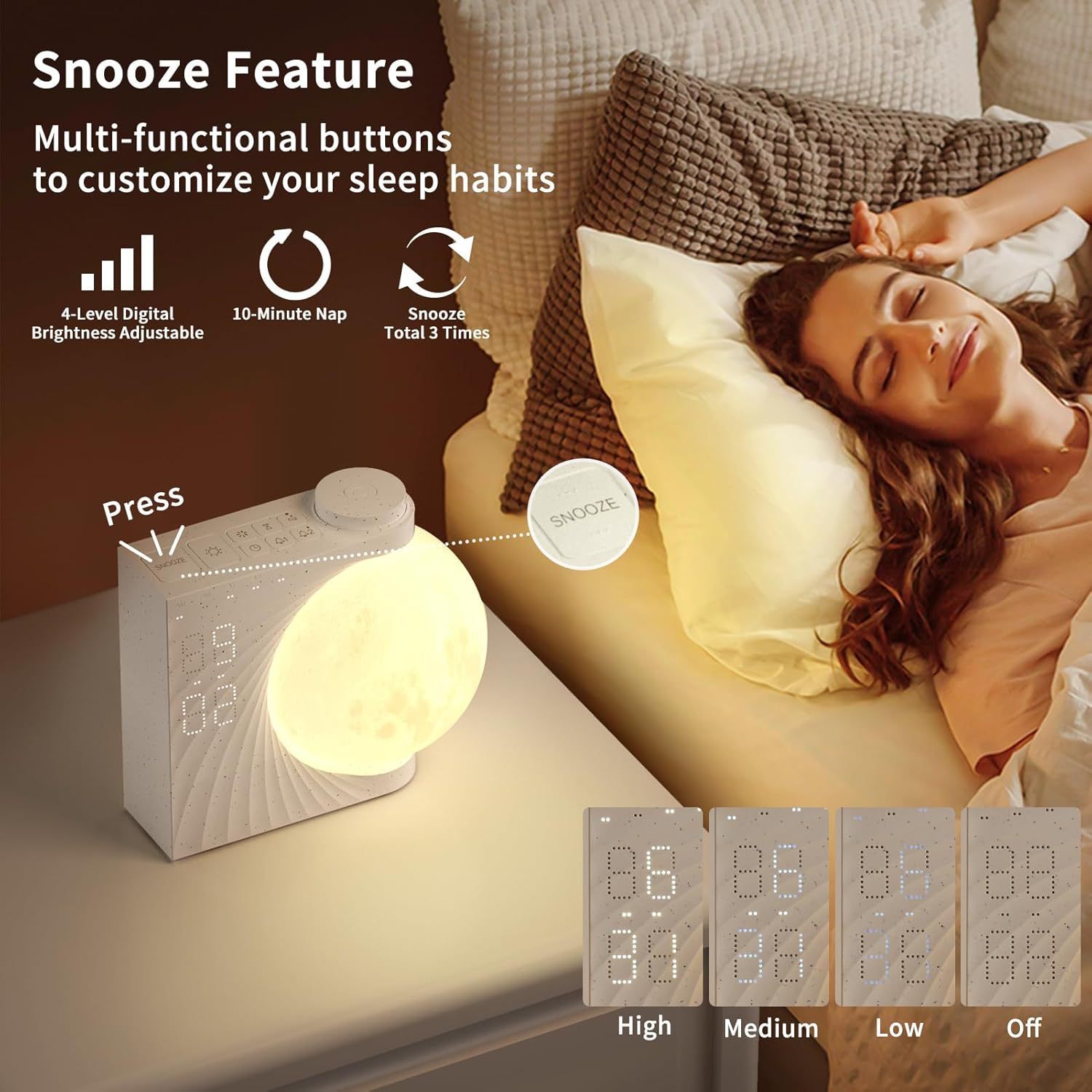 Colorful Atmosphere Moon Light Clock Wake Up Light Breathing Light Three Level Dimming Clock Dual Alarm Clock Timing White Noise by smartgizmoshop