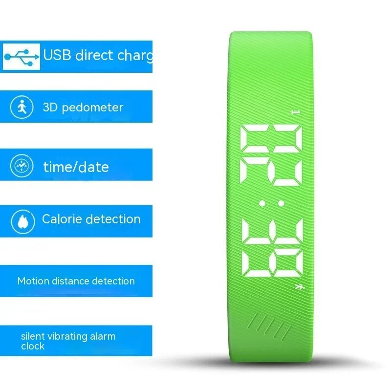 Green digital fitness tracker with step counter and calorie detection features.