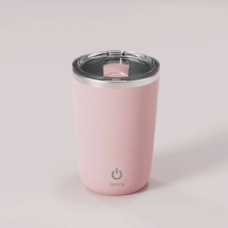 Pink smart portable cup with lid and power button, minimalist electronic drinkware