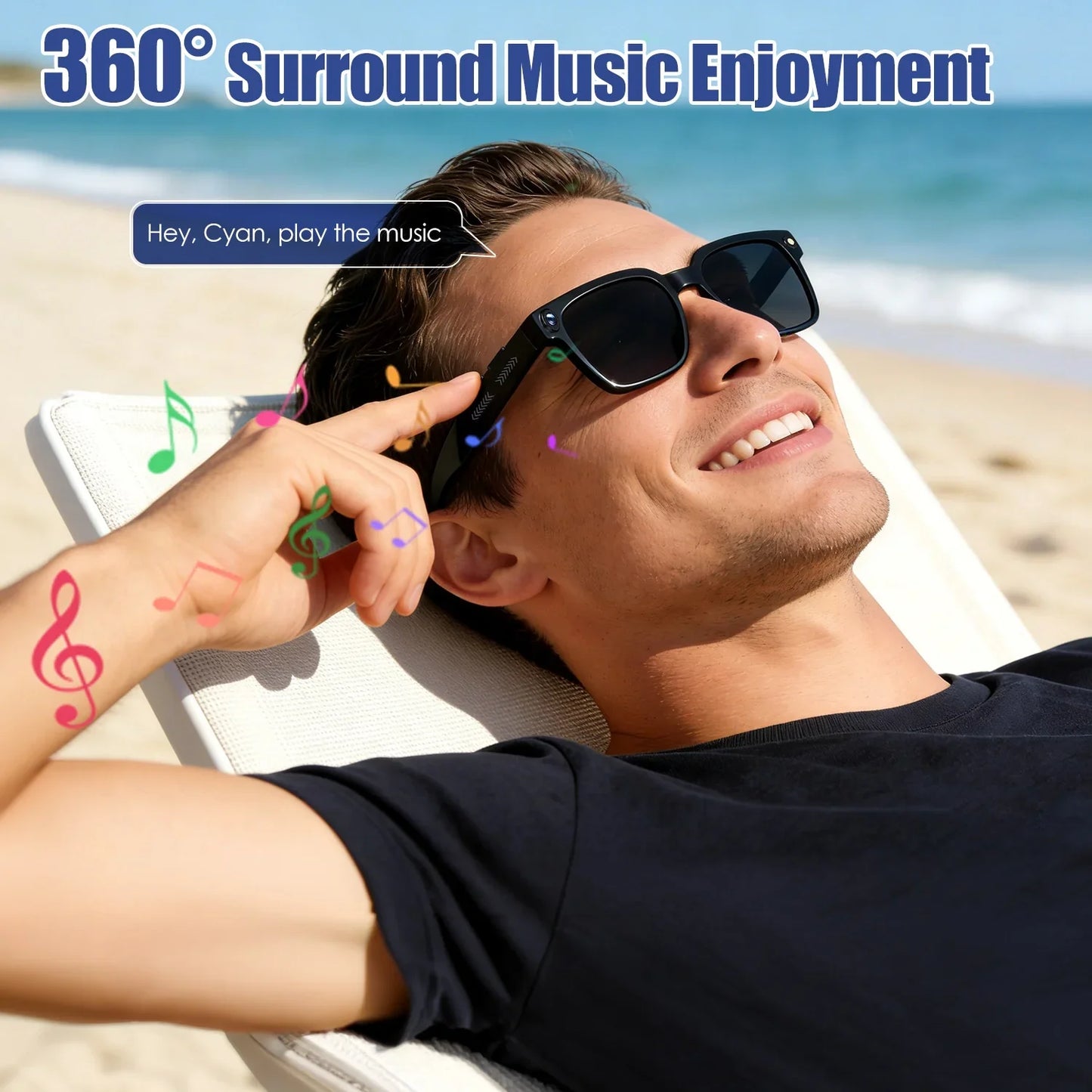 Man relaxing on beach wearing smart audio sunglasses with voice control and music notes