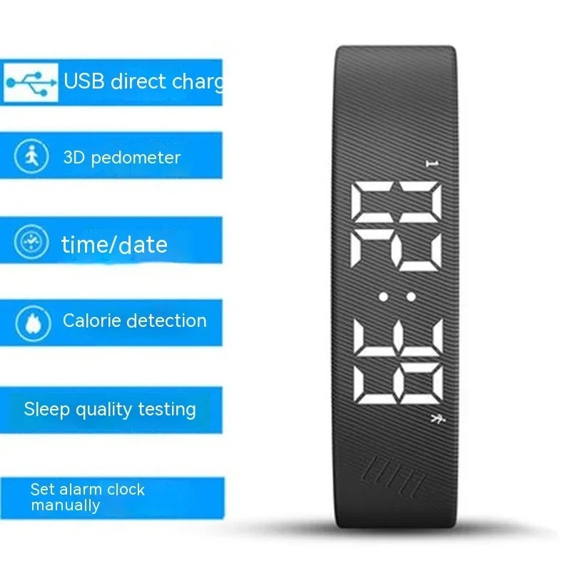 Black digital fitness tracker with a digital display and listed health monitoring features.