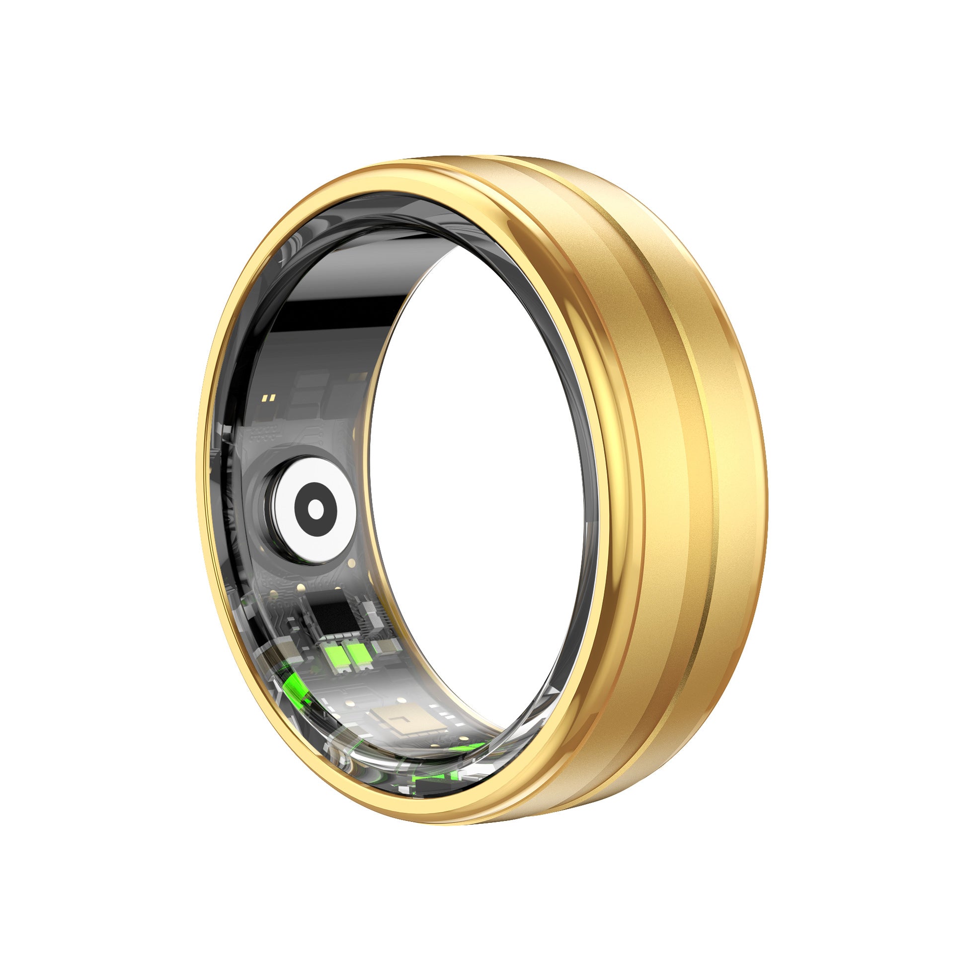 Gold smart ring with transparent tech interior, wearable electronics for health tracking and notifications
