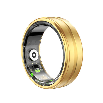Gold smart ring with transparent tech interior, wearable electronics for health tracking and notifications