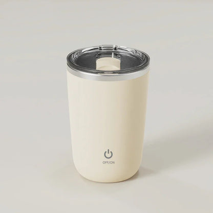 Smart electronic travel mug with lid and on-off power button on light background
