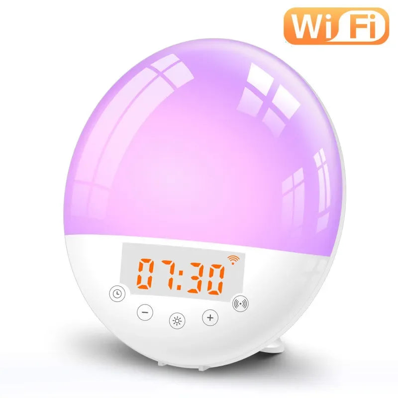 Wireless smart alarm clock with purple glowing light and digital time display showing 07:30