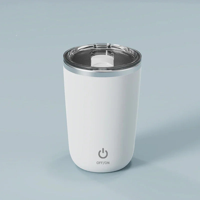 White smart electronic cup with power button and clear lid on light blue background