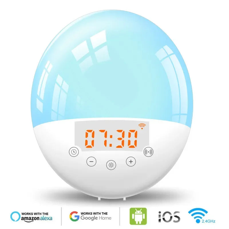 Smart wake-up light alarm clock with digital display and blue dome, compatible with Alexa, Google Home, Android, iOS