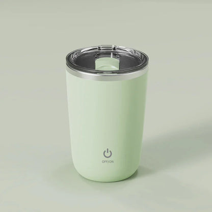 Smart electronic travel mug with lid, mint green, featuring on/off power button