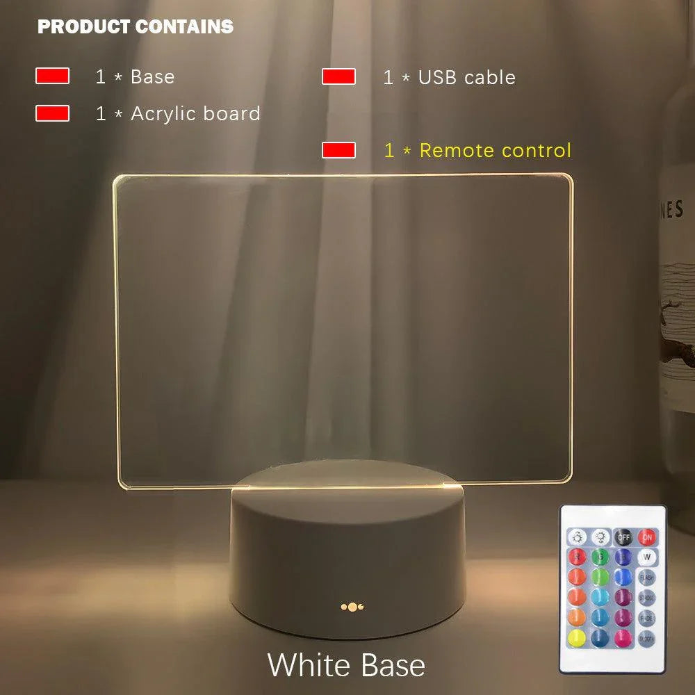 3D illusion lamp with white base, acrylic board, USB cable, and remote control for color settings