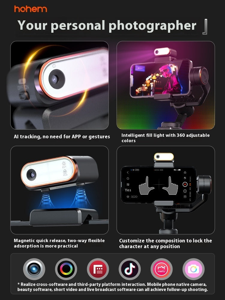 Hohem AI-powered smartphone camera gimbal with magnetic quick release, 360° adjustable fill light, gesture control