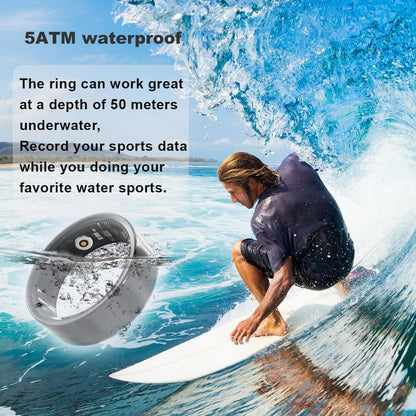 Waterproof smart ring for sports tracking shown with surfer riding wave, 5ATM rated.