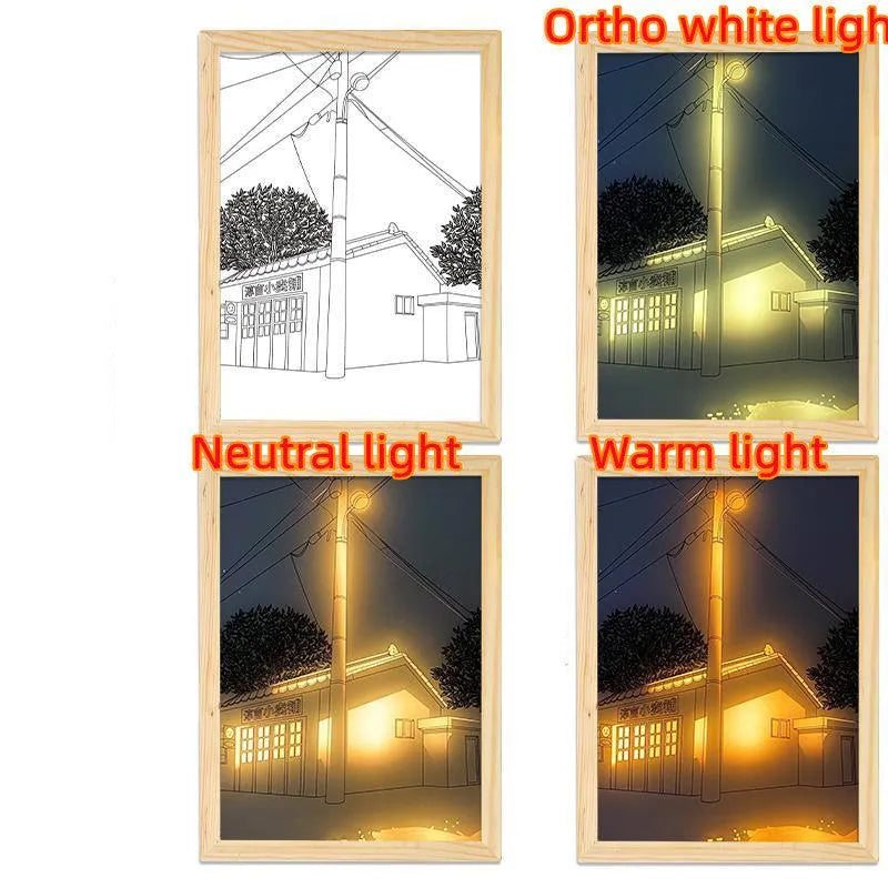 Framed drawings showing a building with a street lamp under different lighting: outline, ortho white, neutral, and warm light