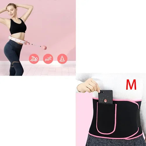Smart fitness hoop and adjustable waist trimmer belt with pocket for workout support