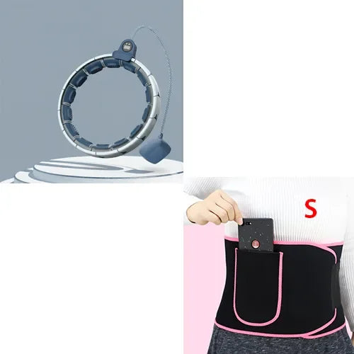 Adjustable smart fitness hoop and pink-trimmed waist belt with phone pocket