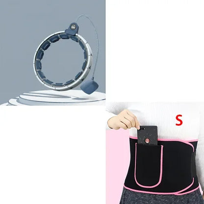 Adjustable smart fitness hoop and pink-trimmed waist belt with phone pocket
