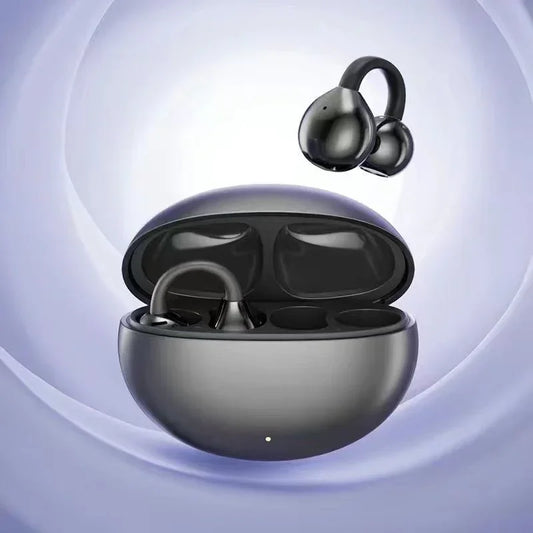 Wireless earbuds with charging case, modern black design, isolated on light background