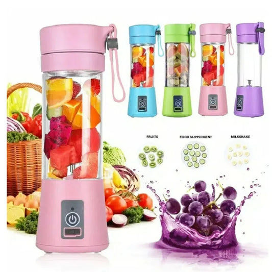 smartgizmoshop portable mini juicers in pink, blue, and green filled with fresh fruits