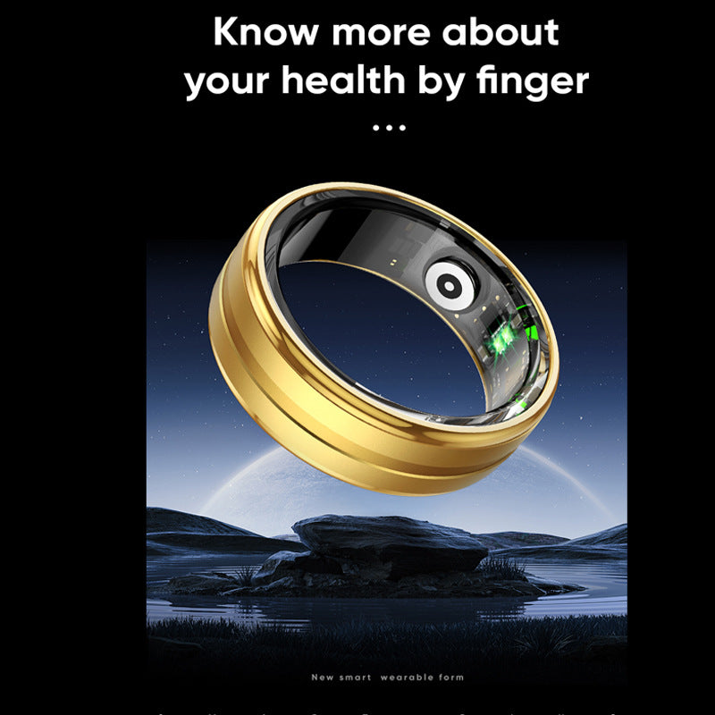 Gold smart health ring with green sensors, tracks wellness by finger, futuristic wearable tech