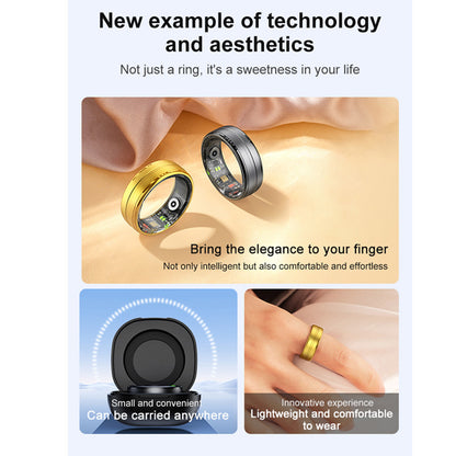Smart ring with tech aesthetics, lightweight & comfortable for daily wear, portable charging case included