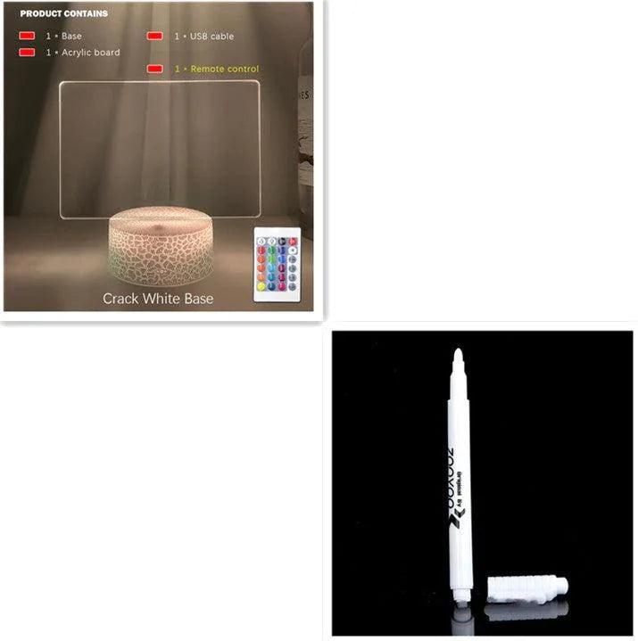 LED acrylic lamp with crack white base, USB cable, remote control, and white marker pen