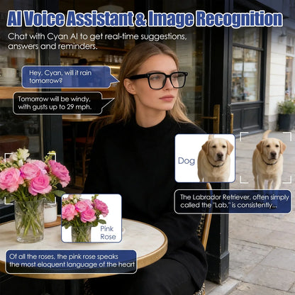 Woman wearing smart glasses with AI voice assistant and image recognition at outdoor café, identifying a dog and pink roses.