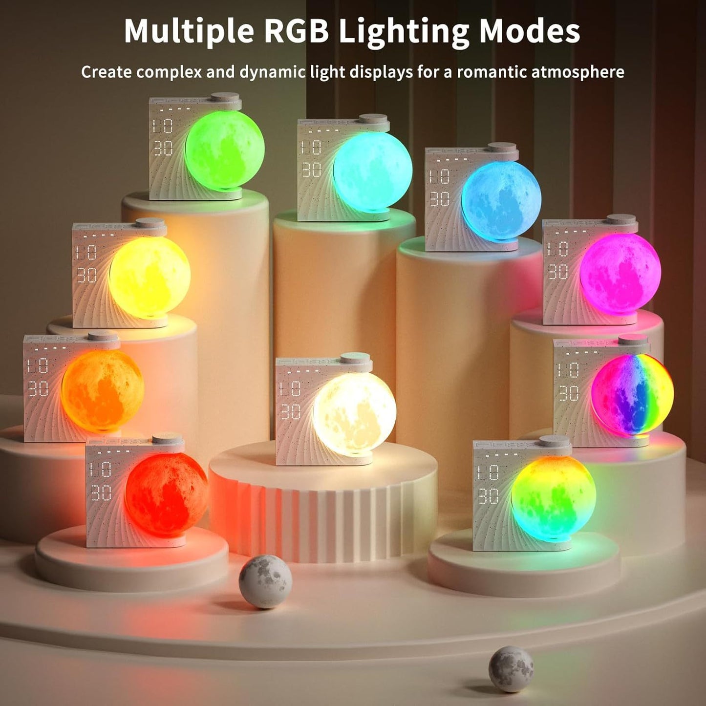 Colorful Atmosphere Moon Light Clock Wake Up Light Breathing Light Three Level Dimming Clock Dual Alarm Clock Timing White Noise by smartgizmoshop