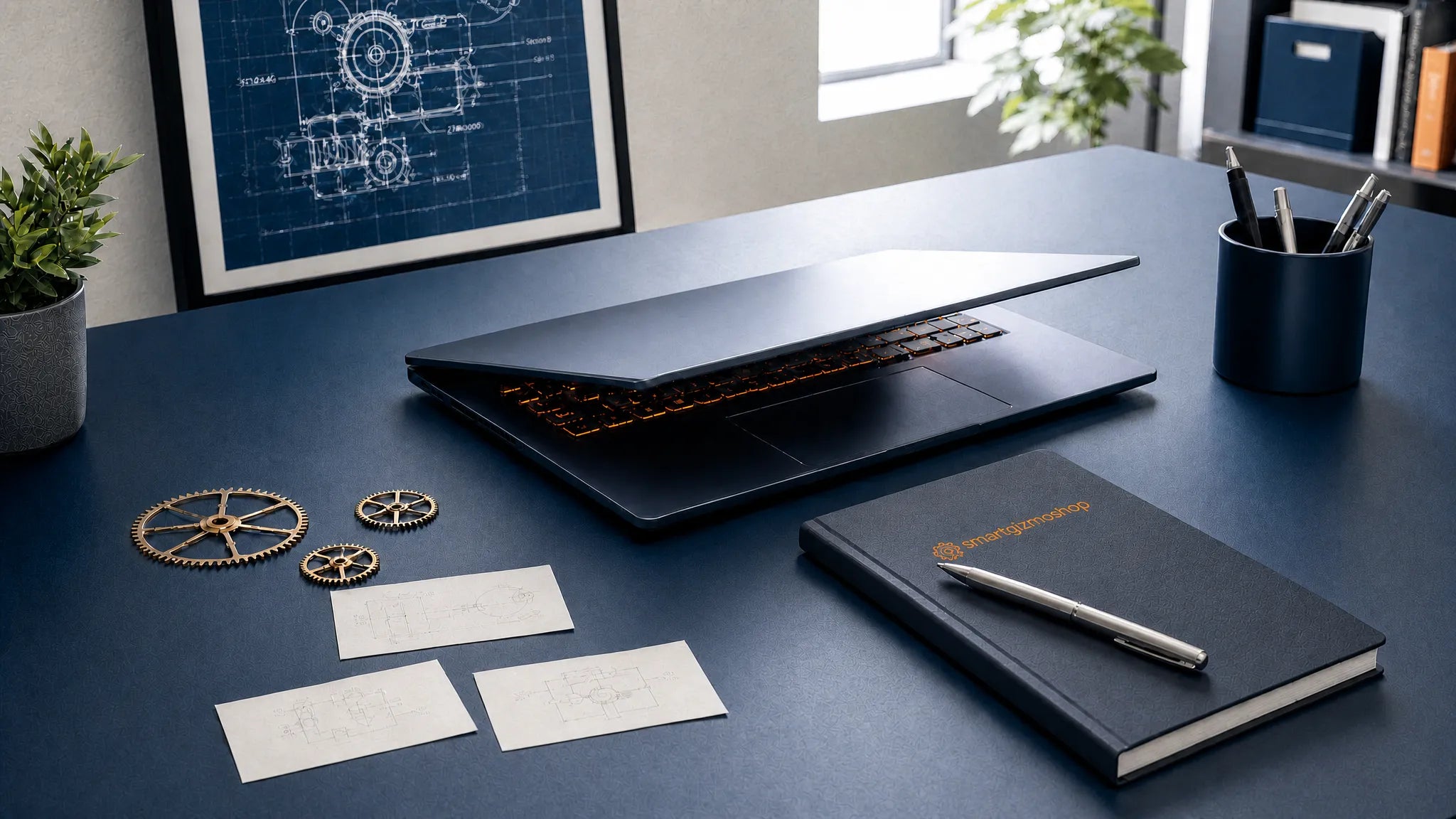 Minimalist tech studio workspace for SmartGizmoShop with a silver laptop, watch gears, and a branded notebook on a navy blue desk