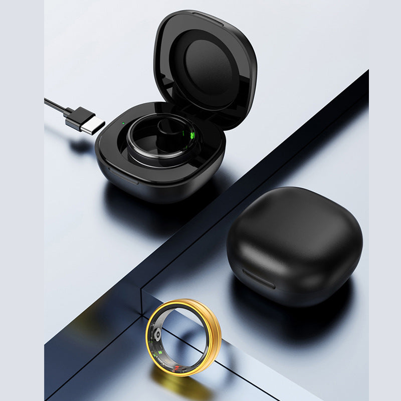 Smart ring with charging case, USB-C cable, sleek black design for modern tech lifestyle
