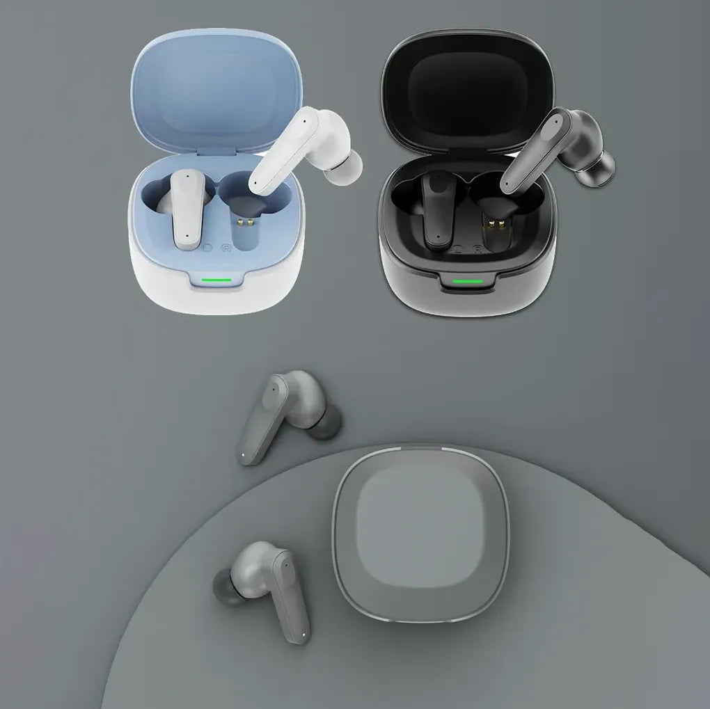 Wireless earbuds in blue and black charging cases, sleek smart audio devices for modern lifestyles