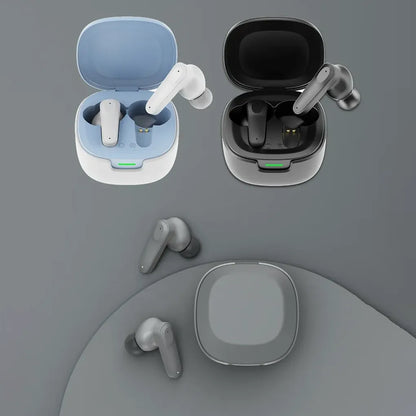 Wireless earbuds in blue and black charging cases, sleek smart audio devices for modern lifestyles