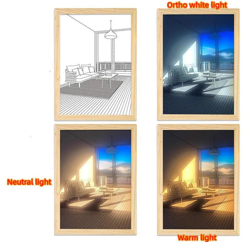 Four framed images showing a balcony with sofa and table under ortho white, neutral, and warm lighting conditions