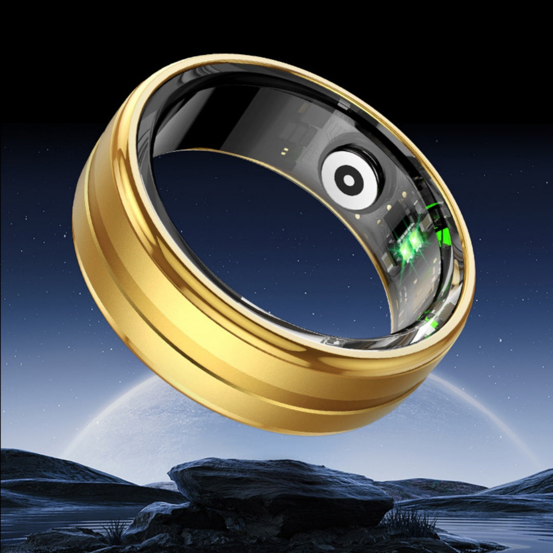 Gold smart ring with glowing green tech inside, futuristic space backdrop