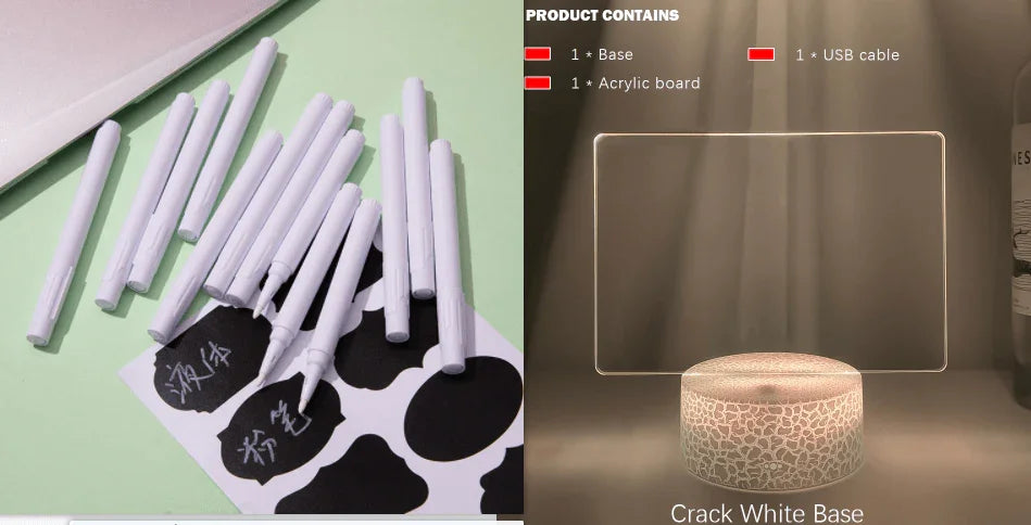 White chalk markers and black chalkboard labels on green surface, LED acrylic board with crack white base and USB cable