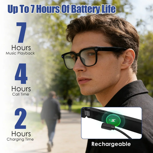 Man wearing smart glasses outdoors, highlighting 7-hour battery life, music playback, call time, and rechargeable feature.
