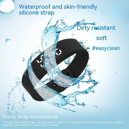 Waterproof and skin-friendly black silicone smart watch strap being splashed with water.